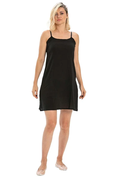 Pamuk Kombinezon Şile Bezi Kısa Elbise İç Astarı Ayarlanabilir İp Askılı Jüpon Siyah Syh - 6