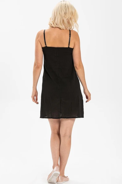 Pamuk Kombinezon Şile Bezi Kısa Elbise İç Astarı Ayarlanabilir İp Askılı Jüpon Siyah Syh - 2