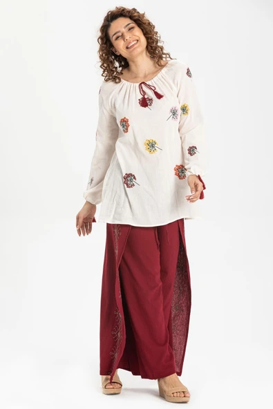 Nakışlı Şile Bezi Bilmece Yazlık Pantolon Bordo Brd S Bordo - 1