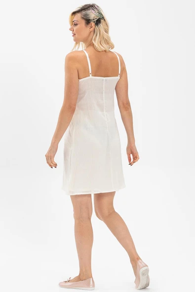 Pamuk Kombinezon Şile Bezi Kısa Elbise İç Astarı Ayarlanabilir İp Askılı Jüpon Krem Krm - 2