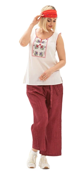 Kadın Şile Bezi Thai Balıkçı Yazlık Pantolon Taşlı Bordo Tslbrd L/XL Taşlı Bordo - 8