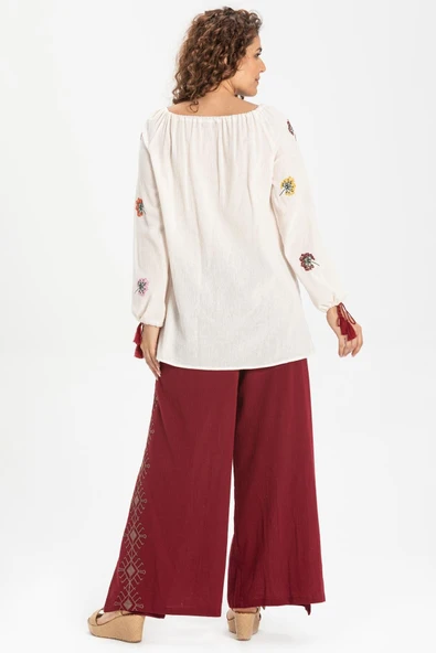 Nakışlı Şile Bezi Bilmece Yazlık Pantolon Bordo Brd S Bordo - 2
