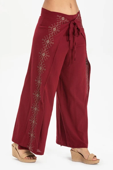 Nakışlı Şile Bezi Bilmece Yazlık Pantolon Bordo Brd S Bordo - 5