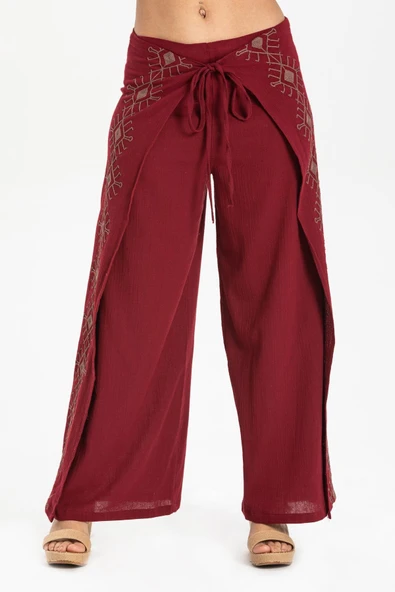 Nakışlı Şile Bezi Bilmece Yazlık Pantolon Bordo Brd S Bordo - 3