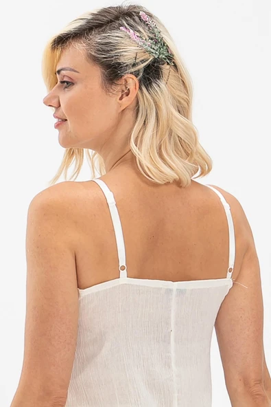 Pamuk Kombinezon Şile Bezi Kısa Elbise İç Astarı Ayarlanabilir İp Askılı Jüpon Krem Krm - 6