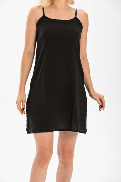 Pamuk Kombinezon Şile Bezi Kısa Elbise İç Astarı Ayarlanabilir İp Askılı Jüpon Siyah Syh - 3