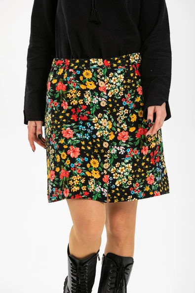 Hande Pazen Kısa Sonbahar ve Kışlık Etek Bahar Desen Siyah Syh - Resim 3