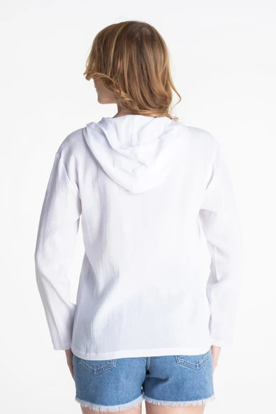 Uzun Kol Şile Bezi Kapüşonlu Mevsimlik Bluz Beyaz Byz S Beyaz - Resim 2