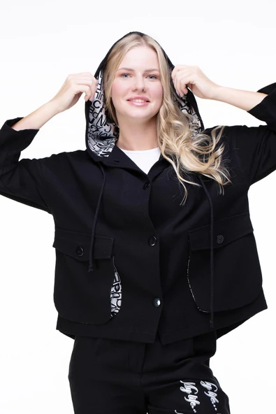 Uzun Kol Kapüşonlu Gamze Pazen Sonbahar ve Kışlık Ceket Siyah Syh 2XL-3XL Siyah - 5