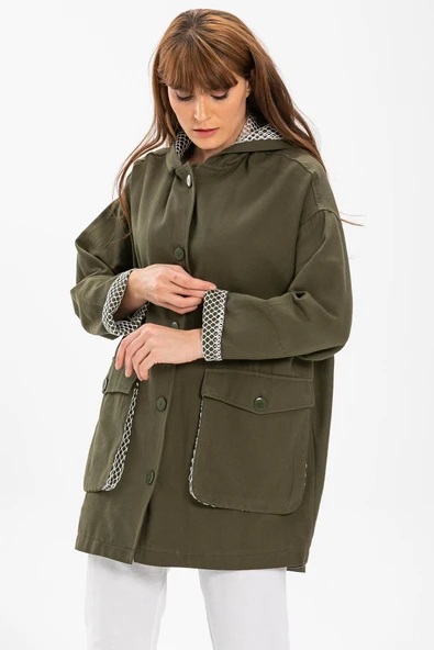Uzun Kol Kapüşonlu Safari Pazen Sonbahar ve Kışlık Ceket Haki Hk L/XL Haki - 3