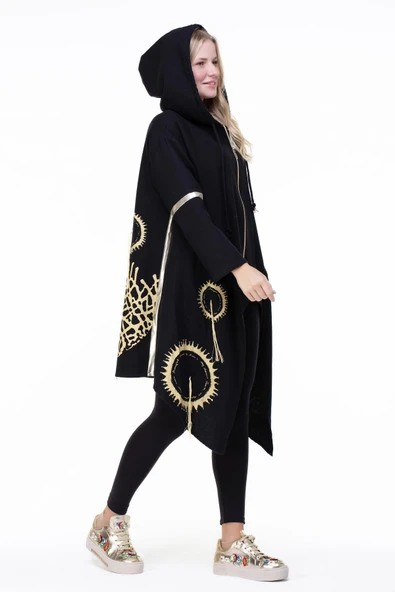 Uzun Kol Efsun Pazen Sonbahar ve Kışlık Ceket Siyah Syh - Resim 8