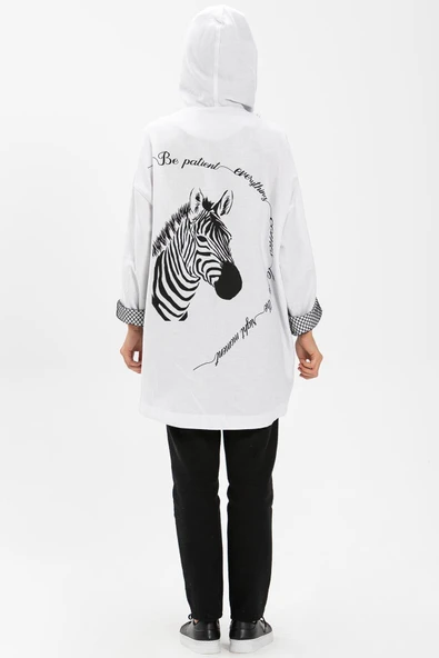 Uzun Kol Kapüşonlu Safari Baskılı Pazen Sonbahar ve Kışlık Ceket Beyaz Byz L/XL Beyaz - 2