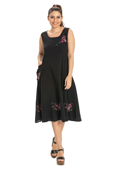 Kolsuz Şile Bezi Burçak Midi Boy Yazlık Elbise Siyah Syh - Resim 6