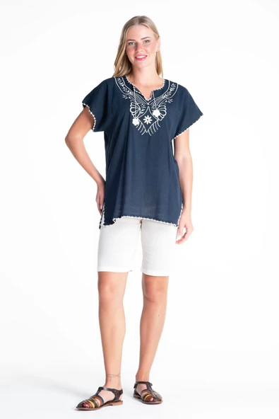 Kısa Kol Şile Bezi Naz Yazlık Bluz Petrol Ptrl M Petrol - Resim 5