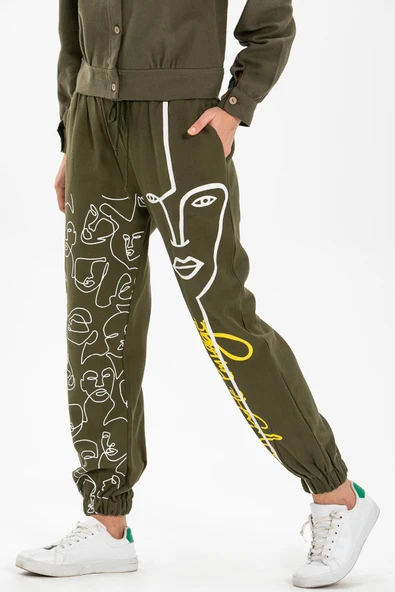 İrem Baskılı Pazen Sonbahar ve Kışlık Pantolon Haki Hk L Haki - 3