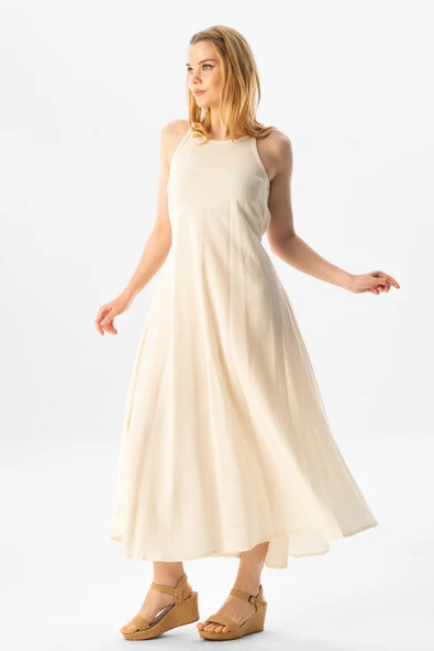 Askılı Şile Bezi Sima Uzun Yazlık Elbise Krem Krm - Resim 4