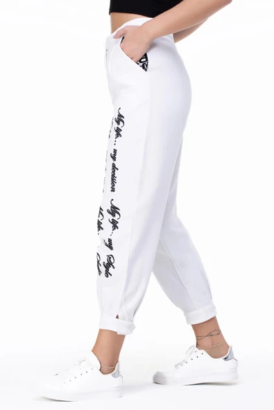 İlkay Baskılı Pazen Sonbahar ve Kışlık Pantolon Beyaz Byz L Beyaz - 5