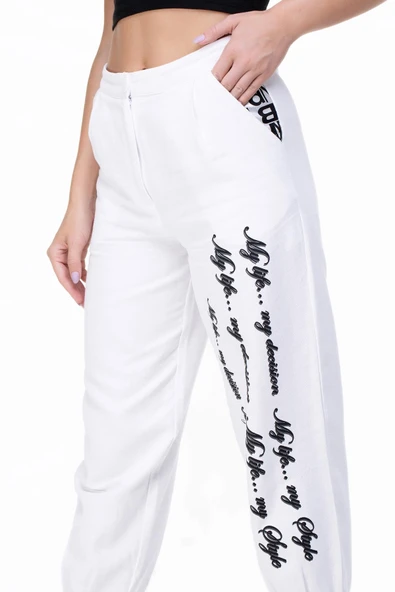 İlkay Baskılı Pazen Sonbahar ve Kışlık Pantolon Beyaz Byz L Beyaz - 4