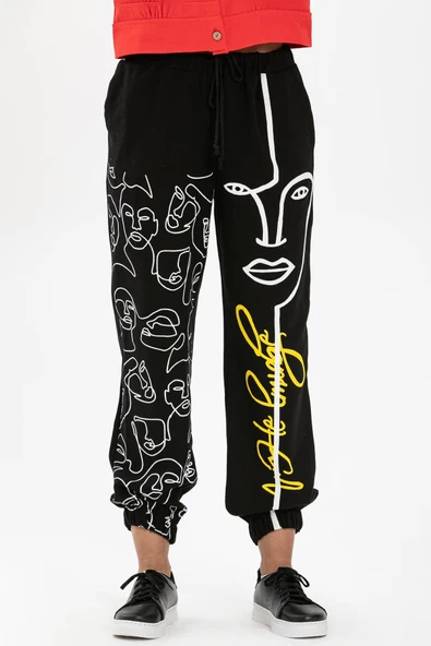 İrem Baskılı Pazen Sonbahar ve Kışlık Pantolon Siyah Syh L Siyah