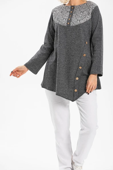 Uzun Kol Adile İnterlok Sonbahar ve Kışlık Tunik Gri Gri L Gri - Resim 3