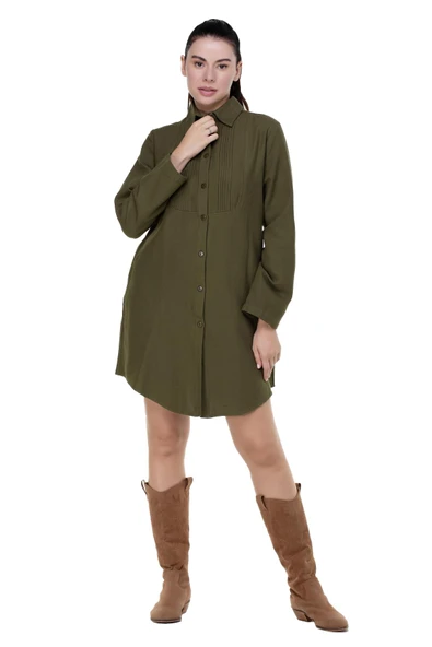 Uzun Kol Nuray Baskılı Pazen Sonbahar ve Kışlık Tunik Haki Hk 2XL-3XL Haki - Resim 7