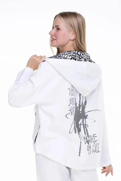 Uzun Kol Kapüşonlu Gamze Pazen Sonbahar ve Kışlık Ceket Beyaz Byz 2XL-3XL Beyaz - 4