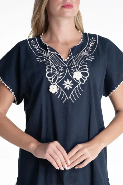 Kısa Kol Şile Bezi Naz Yazlık Bluz Petrol Ptrl M Petrol - Resim 3