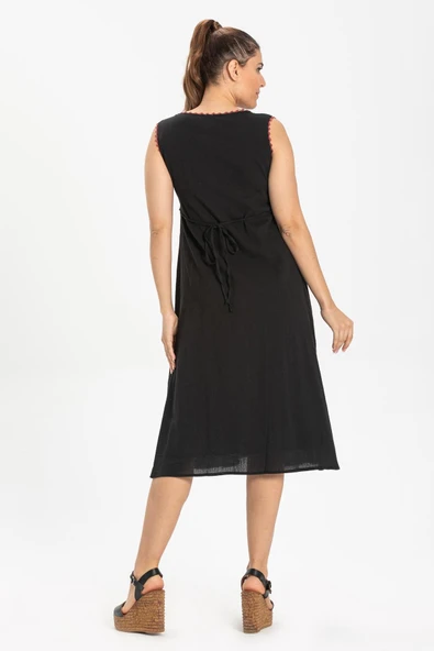 Kolsuz Şile Bezi Burçak Midi Boy Yazlık Elbise Siyah Syh - Resim 2