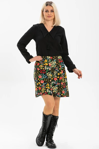 Hande Pazen Kısa Sonbahar ve Kışlık Etek Bahar Desen Siyah Syh ürün görseli