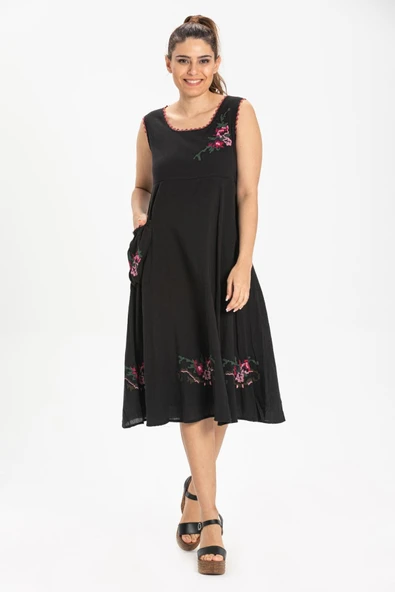 Kolsuz Şile Bezi Burçak Midi Boy Yazlık Elbise Siyah Syh ürün görseli