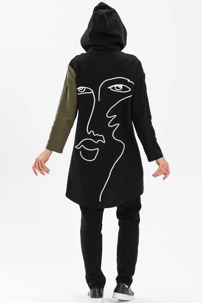 Uzun Kol Kapüşonlu Hayal Baskılı Pazen Sonbahar ve Kışlık Ceket Haki Hk L/XL Haki - 2