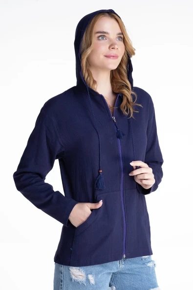 Uzun Kol Şile Bezi Kapüşonlu Mevsimlik Bluz Mor Mor S Mor - Resim 5