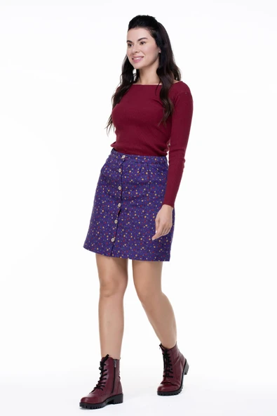 Hande Pazen Kısa Sonbahar ve Kışlık Etek Çıtır Desen Mor Mor - Resim 4