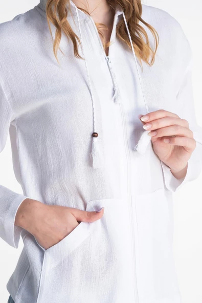 Uzun Kol Şile Bezi Kapüşonlu Mevsimlik Bluz Beyaz Byz S Beyaz - Resim 3