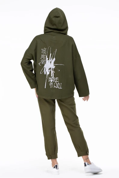 Uzun Kol Kapüşonlu Gamze Pazen Sonbahar ve Kışlık Ceket Haki Hk 2XL-3XL Haki - 2