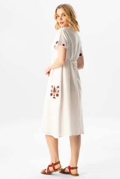 Kısa Kol Şile Bezi Melek Midi Boy Yazlık Otantik Elbise Beyaz Byz - Resim 5