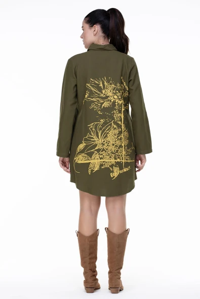 Uzun Kol Nuray Baskılı Pazen Sonbahar ve Kışlık Tunik Haki Hk 2XL-3XL Haki - Resim 2