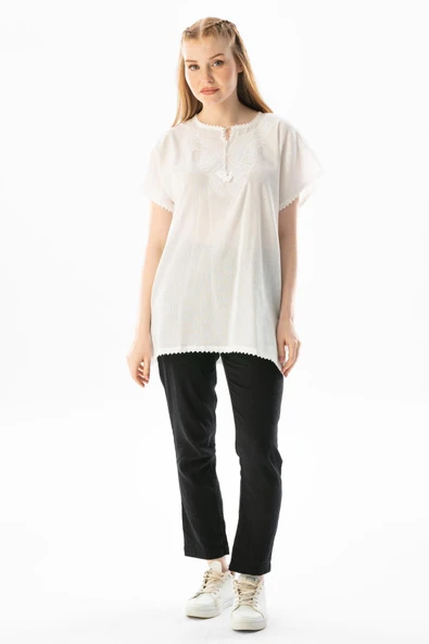 Kısa Kol Şile Bezi Naz Yazlık Bluz Beyaz Byz - Resim 6