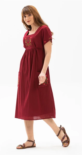 Kısa Kol Şile Bezi Melek Midi Boy Yazlık Otantik Elbise Bordo Brd - Resim 4