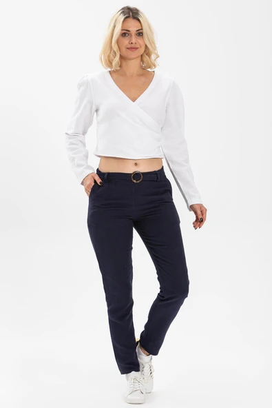 Uzun Kol Kruvaze Pazen Sonbahar ve Kışlık Bluz Beyaz Byz L Beyaz