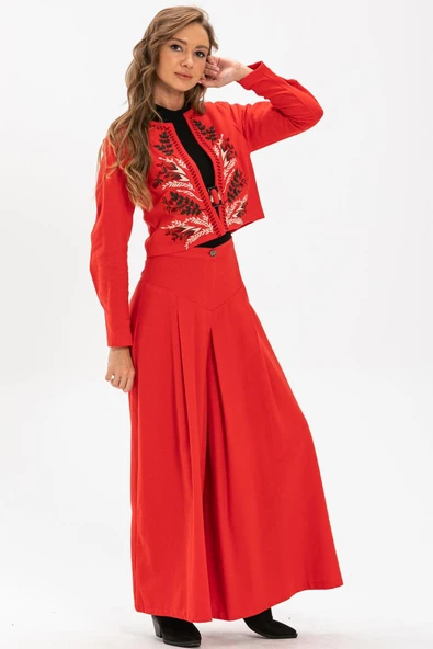 Uzun Kol Nakışlı Pazen Sonbahar ve Kışlık Ceket Kırmızı Krmz L Kırmızı ürün görseli