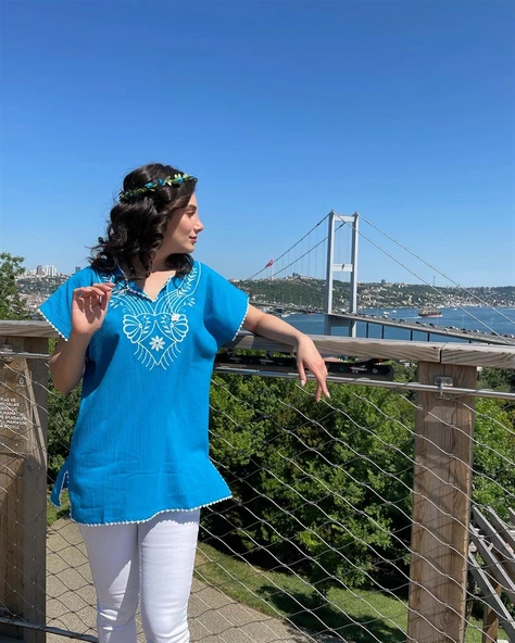 Kısa Kol Şile Bezi Naz Yazlık Bluz Turkuaz Trkz M Turkuaz