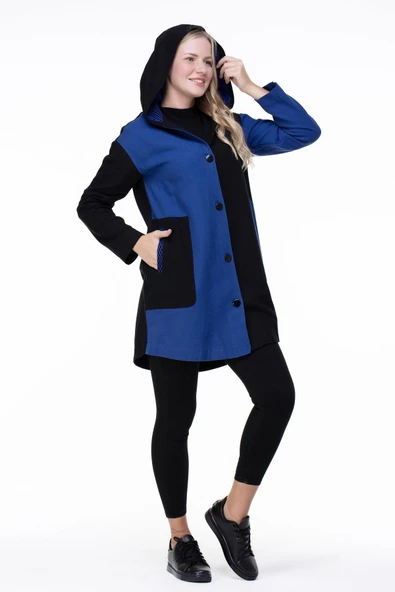 Uzun Kol Kapüşonlu Hayal Baskılı Pazen Sonbahar ve Kışlık Ceket Saks Sks L/XL Saks - 5