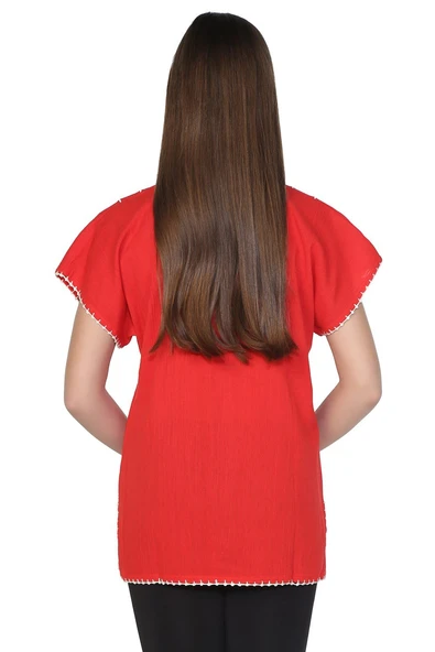 Kısa Kol Şile Bezi Naz Yazlık Bluz Kırmızı Krmz 2XL Kırmızı - Resim 2