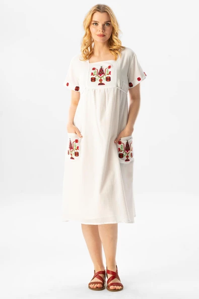 Kısa Kol Şile Bezi Melek Midi Boy Yazlık Otantik Elbise Beyaz Byz ürün görseli