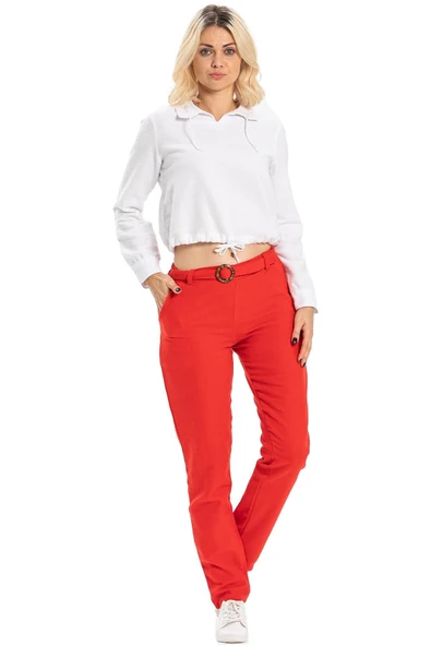Kemerli Pazen Sonbahar ve Kışlık Pantolon Kırmızı Krmz 36 Kırmızı - 5