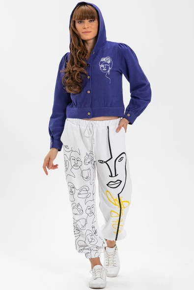 İrem Baskılı Pazen Sonbahar ve Kışlık Pantolon Beyaz Byz L Beyaz