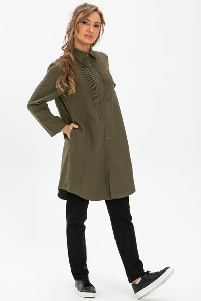 Uzun Kol Nuray Pazen Sonbahar ve Kışlık Tunik Haki Hk 2XL-3XL Haki - 1