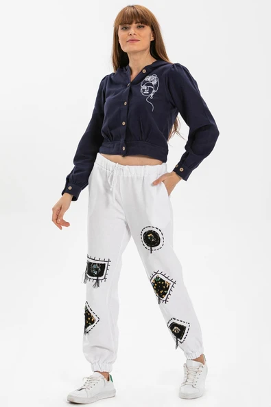 Yamalı Pazen Sonbahar ve Kışlık Pantolon Beyaz Byz L Beyaz