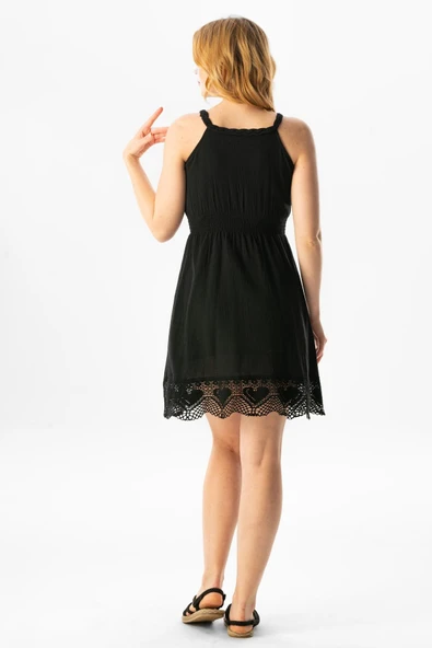 Askılı Şile Bezi Örgülü Mini Yazlık Elbise Siyah Syh - Resim 2